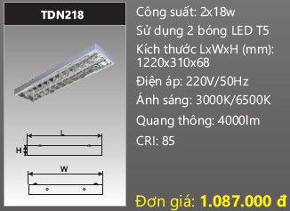  máng đèn lắp nổi, gắn nổi chóa phản quang duhal 2 bóng 1m2 2x 18w TDN218 