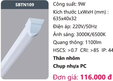  ĐÈN LED TUÝP 6 TẤC KIỂU BATTEN DUHAL SBTN109 ( 600mm , 9W ) 