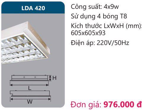 MÁNG ĐÈN ÂM TRẦN CHÓA PHẢN QUANG 600X600 (60X60) 4 BÓNG ĐÈN 4X9W DUHAL LDA 420