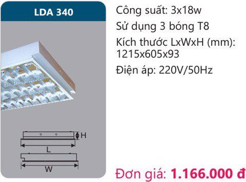  MÁNG ĐÈN ÂM TRẦN CHÓA PHẢN QUANG 600X1200 (60X120) 3 BÓNG ĐÈN 1M2 3X18W DUHAL LDA 340 