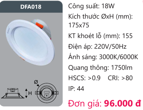  ĐÈN LED DOWLIGHT ÂM TRẦN 18W DUHAL DFA018 / DFA 018 
