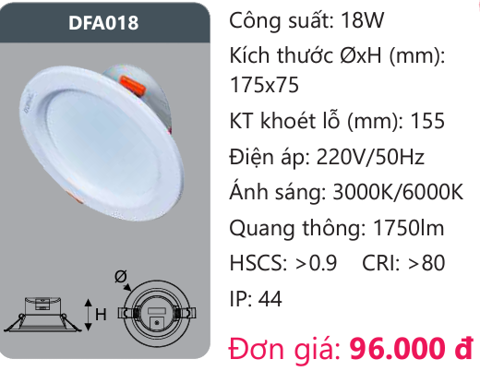ĐÈN LED DOWLIGHT ÂM TRẦN 18W DUHAL DFA018 / DFA 018