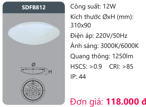 ĐÈN ỐP TRẦN LED DUHAL 12W SDFB812 / SDFB 812
