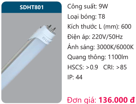  BÓNG ĐÈN TUÝP LED DUHAL SDHT801 ( 0,6M , 9W ) 