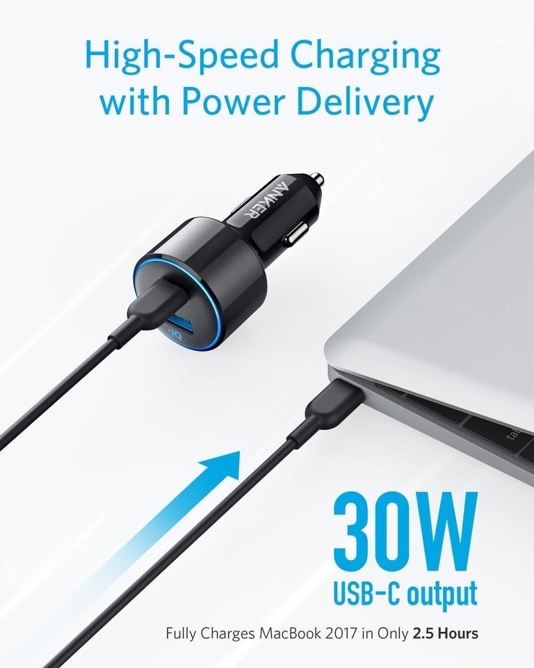 SẠC Ô TÔ ANKER 2 CỔNG POWERDRIVE SPEED+ DUO POWER DELIVERY, CÔNG SUẤT 30W - A2227
