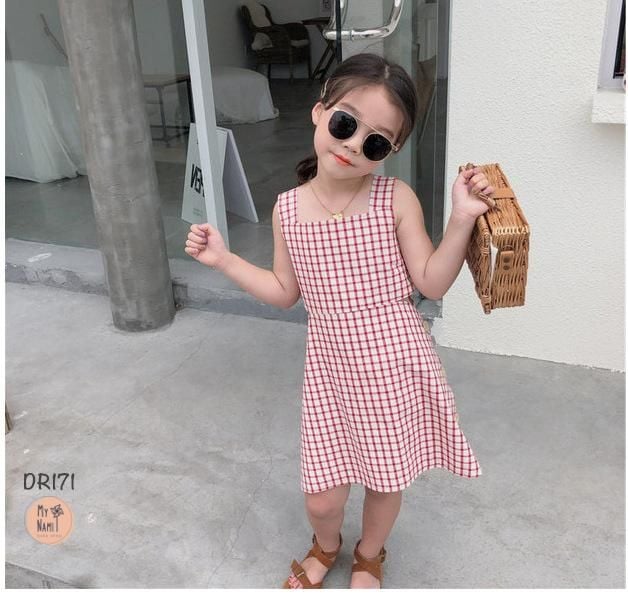 DR171 - Váy caro đỏ nút 2 bên