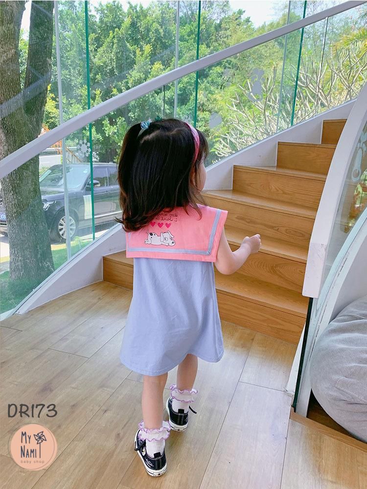 DR173 - Váy xanh dương cổ hồng