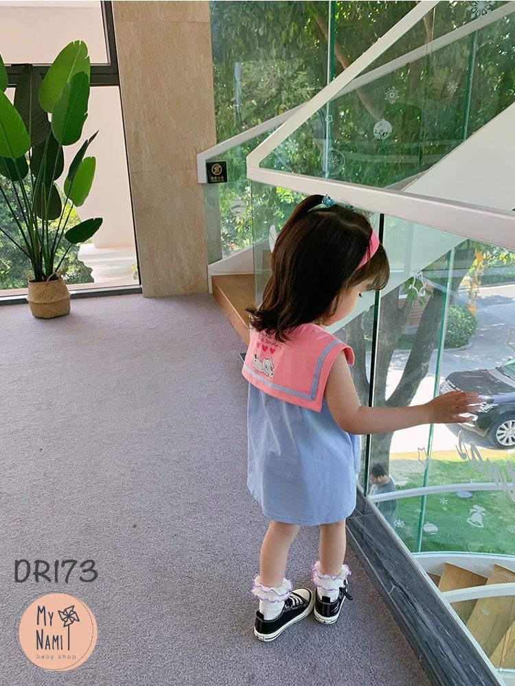 DR173 - Váy xanh dương cổ hồng