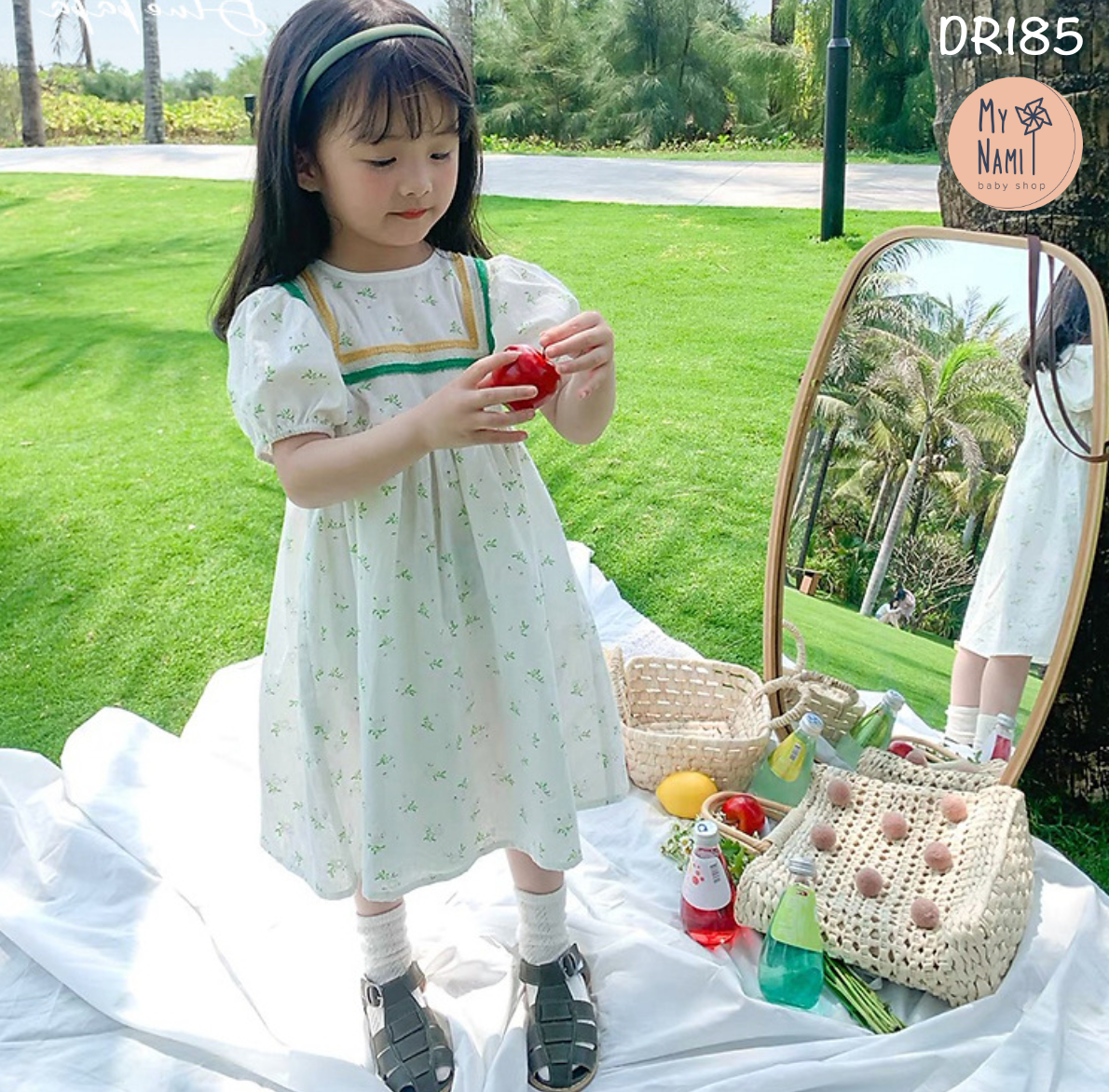 DR185 - Váy trắng hoa nhí xanh