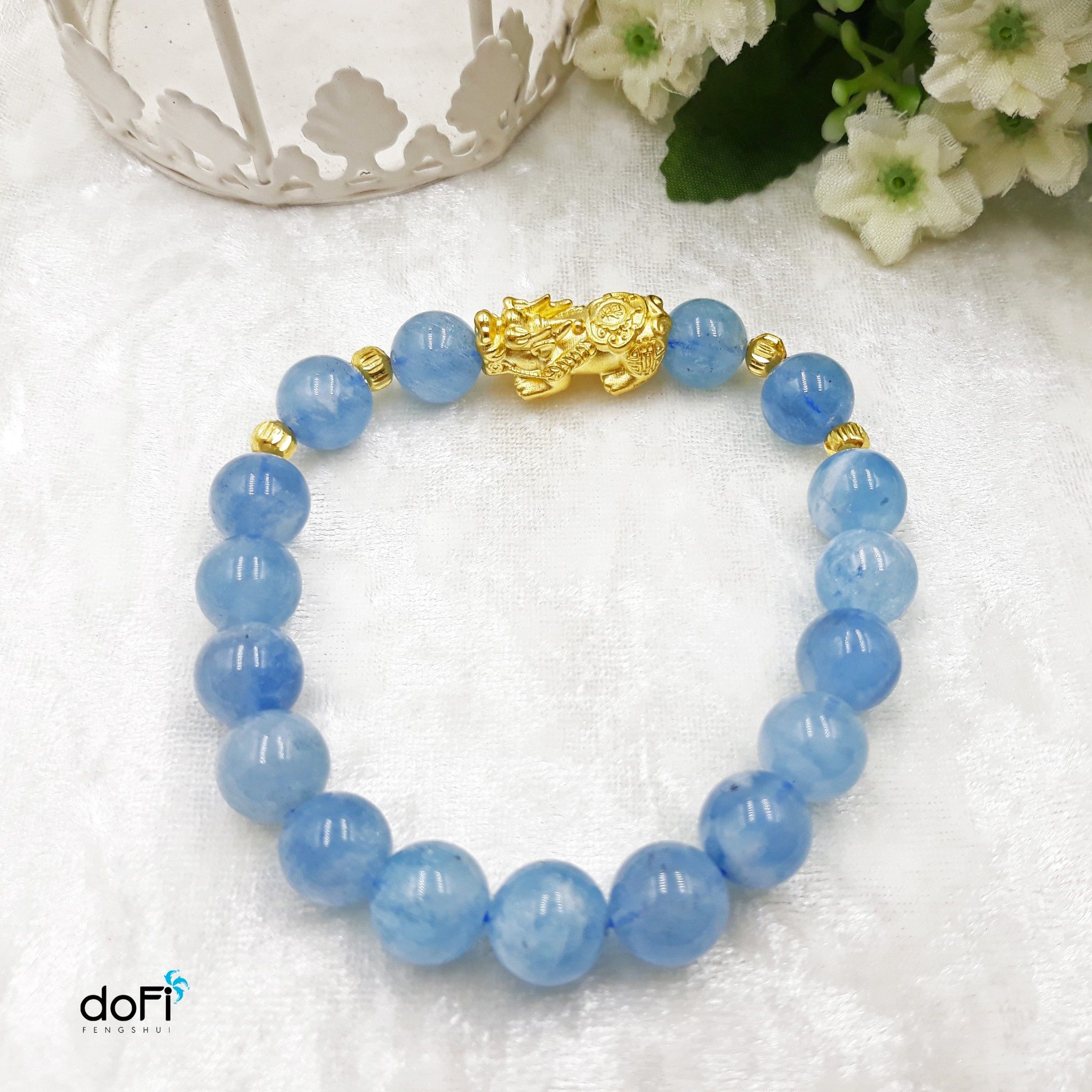  Vòng đá Aquamarine phối Tỳ Hưu Vàng 24k 