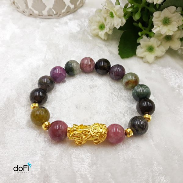  Vòng đá Tourmaline phối Tỳ Hưu Vàng 24k 