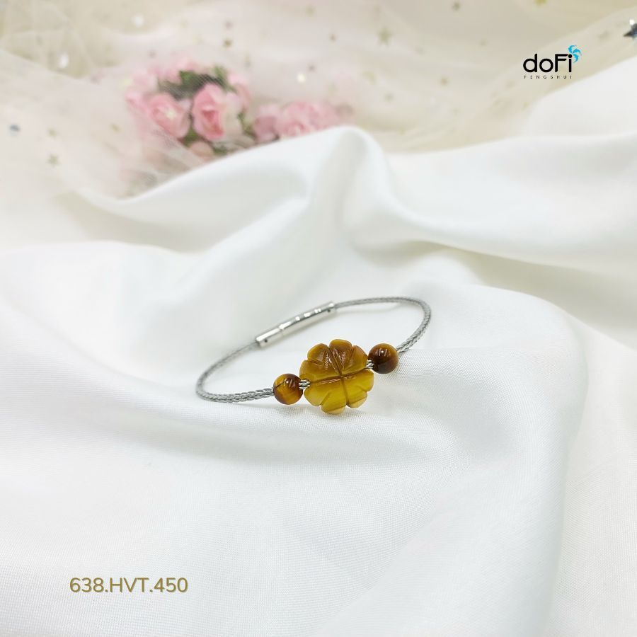 Vòng Tay Cỏ 4 Lá Mập Tròn Mắt Hổ Vàng Tâm