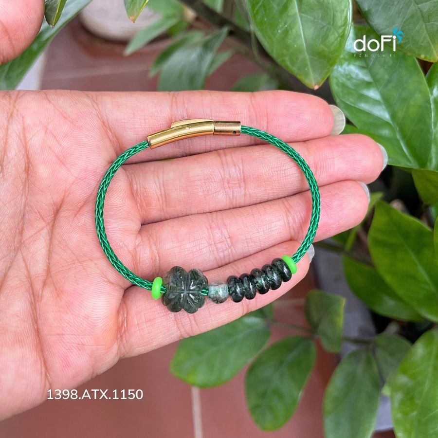 Vòng Tay Cỏ 4 Lá Phối Đồng Điếu Ngũ Lộc - Thạch Anh Tóc Xanh