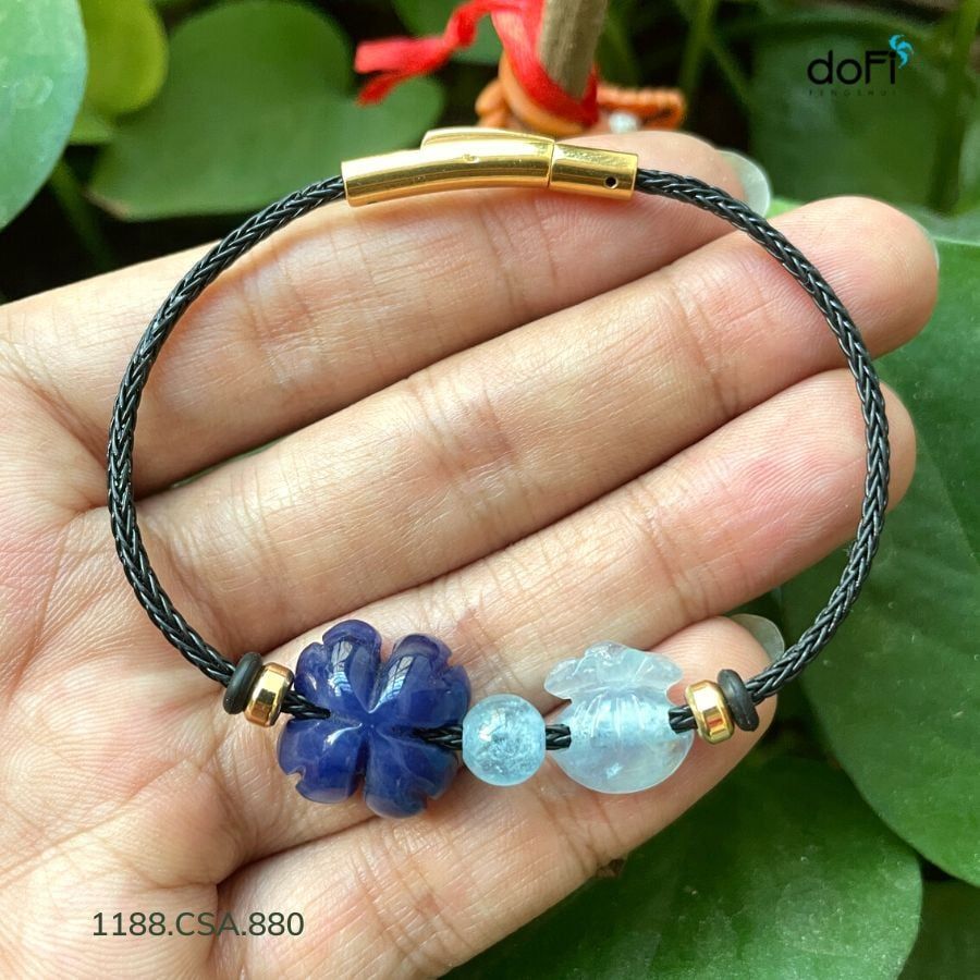  Vòng Tay Cỏ 4 Lá Sodalite Phối Túi Tiền Aquamarine 