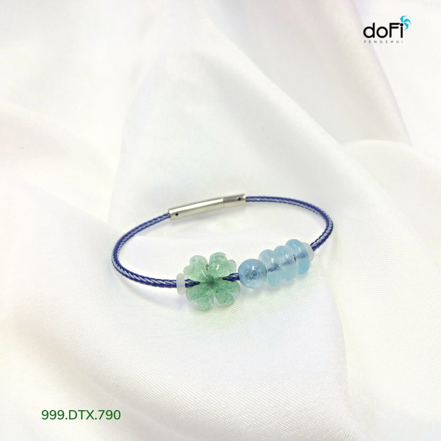  Vòng Tay Cỏ 4 Lá  Thạch Anh Dâu Xanh Phối Đồng Điếu Aquamarine 