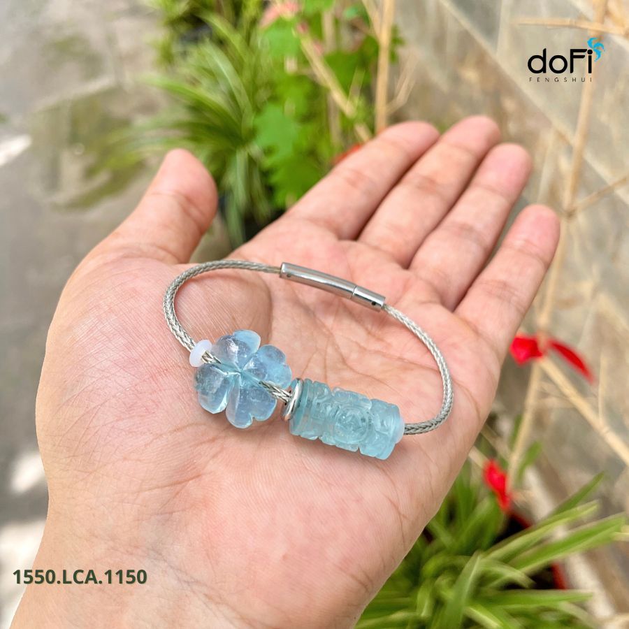  Vòng Tay Cỏ 4 Lá Phối Lu Thống Chạm Kim Tiền Đá Aquamarine 