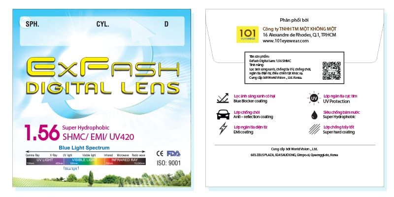 Tròng kính chính hãng Exfash Digitial Lens 1.56 SHMC UV 420 Blueray