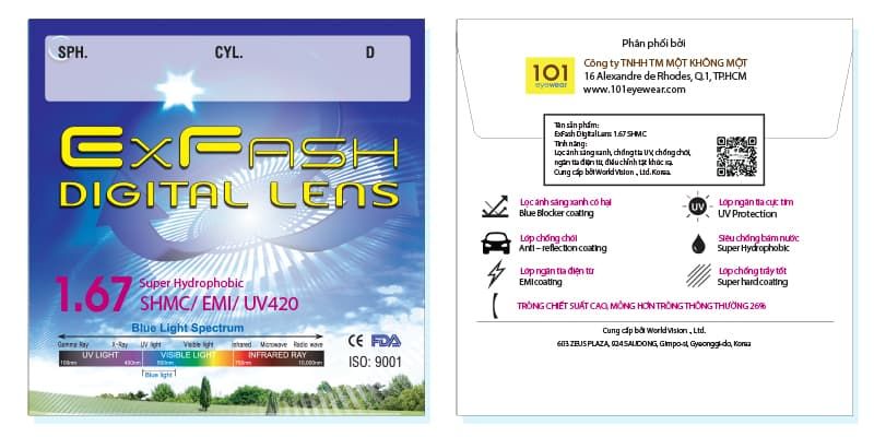 Tròng kính chính hãng Exfash Digitial Lens 1.67 SHMC UV 420 Blueray