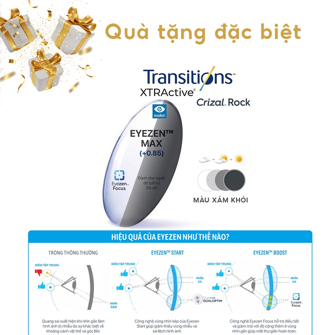  Tròng kính Essilor Eyezen Max Xtractive đổi màu chiết suất 1.67 váng phủ Crizal Rock 