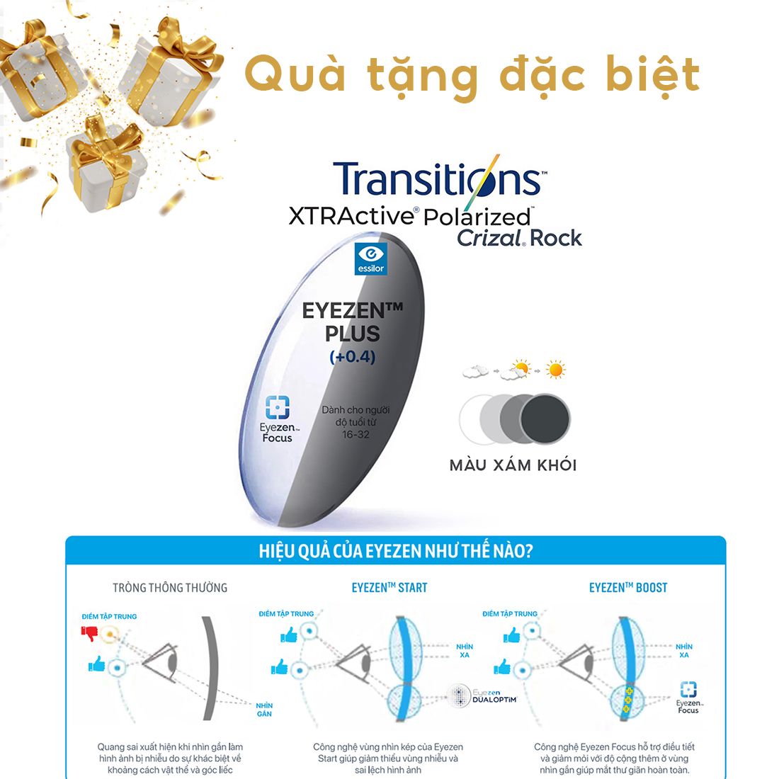  Tròng kính Essilor Eyezen Plus Xtractive Polarized đổi màu Xám khói váng phủ Crizal Rock 