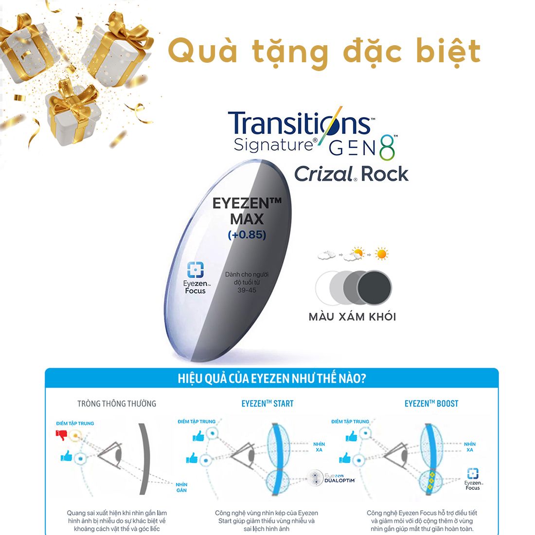  Tròng kính Essilor Eyezen Max đổi màu chiết suất 1.67 váng phủ Crizal rock 