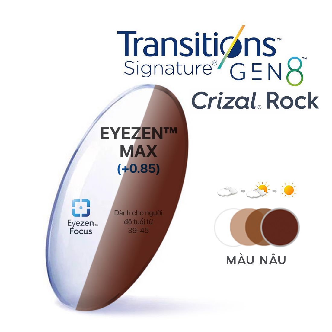  Tròng kính Essilor Eyezen Max đổi màu chiết suất 1.59 váng phủ Crizal rock 