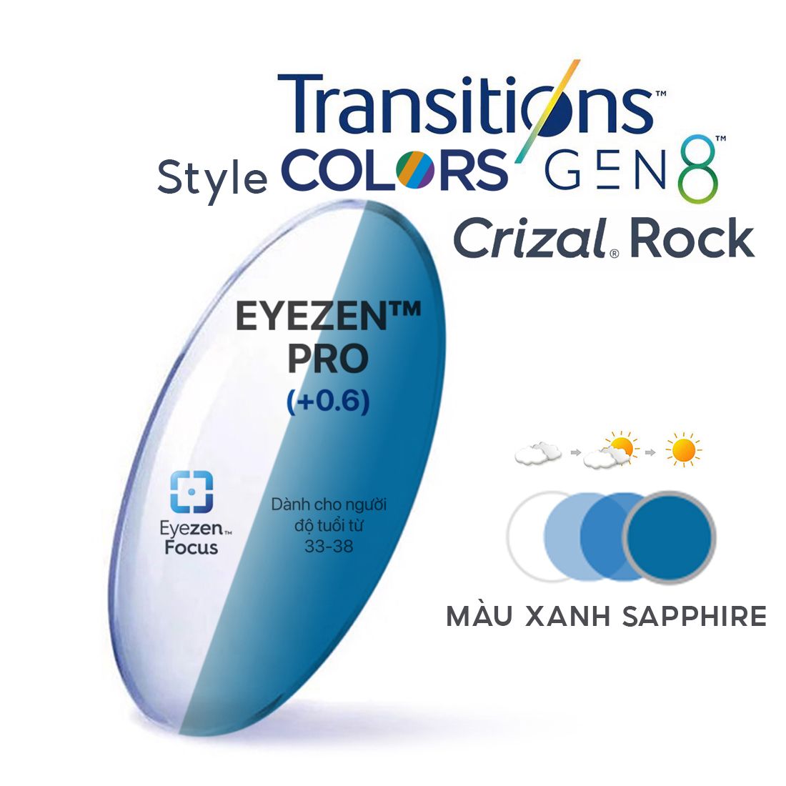  Tròng kính Essilor Eyezen Pro đổi màu Style Colors chiết suất 1.60 váng phủ Crizal rock 