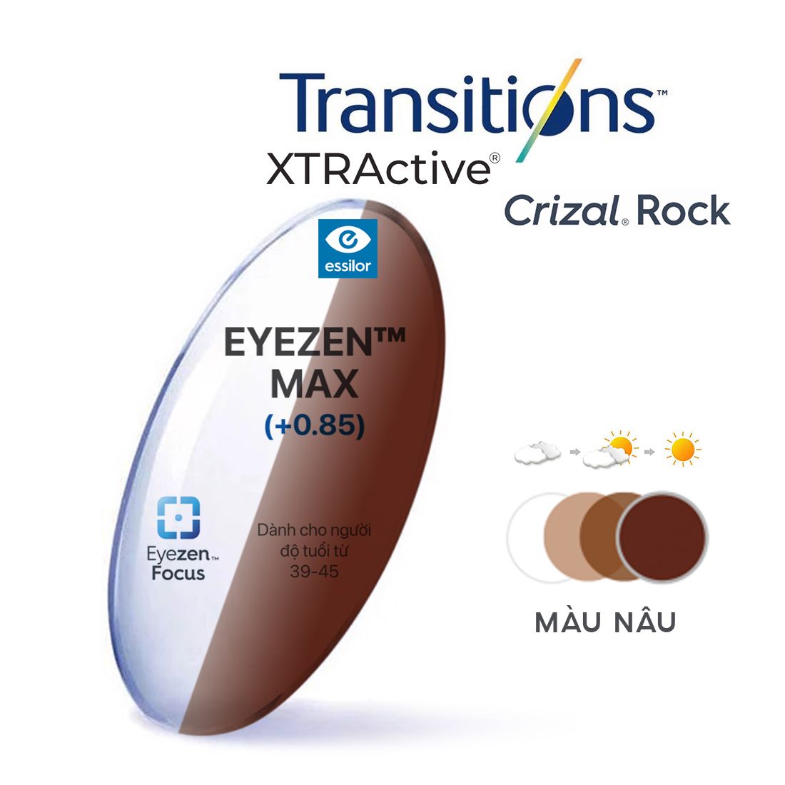  Tròng kính Essilor Eyezen Max Xtractive đổi màu chiết suất 1.60 váng phủ Crizal Rock 