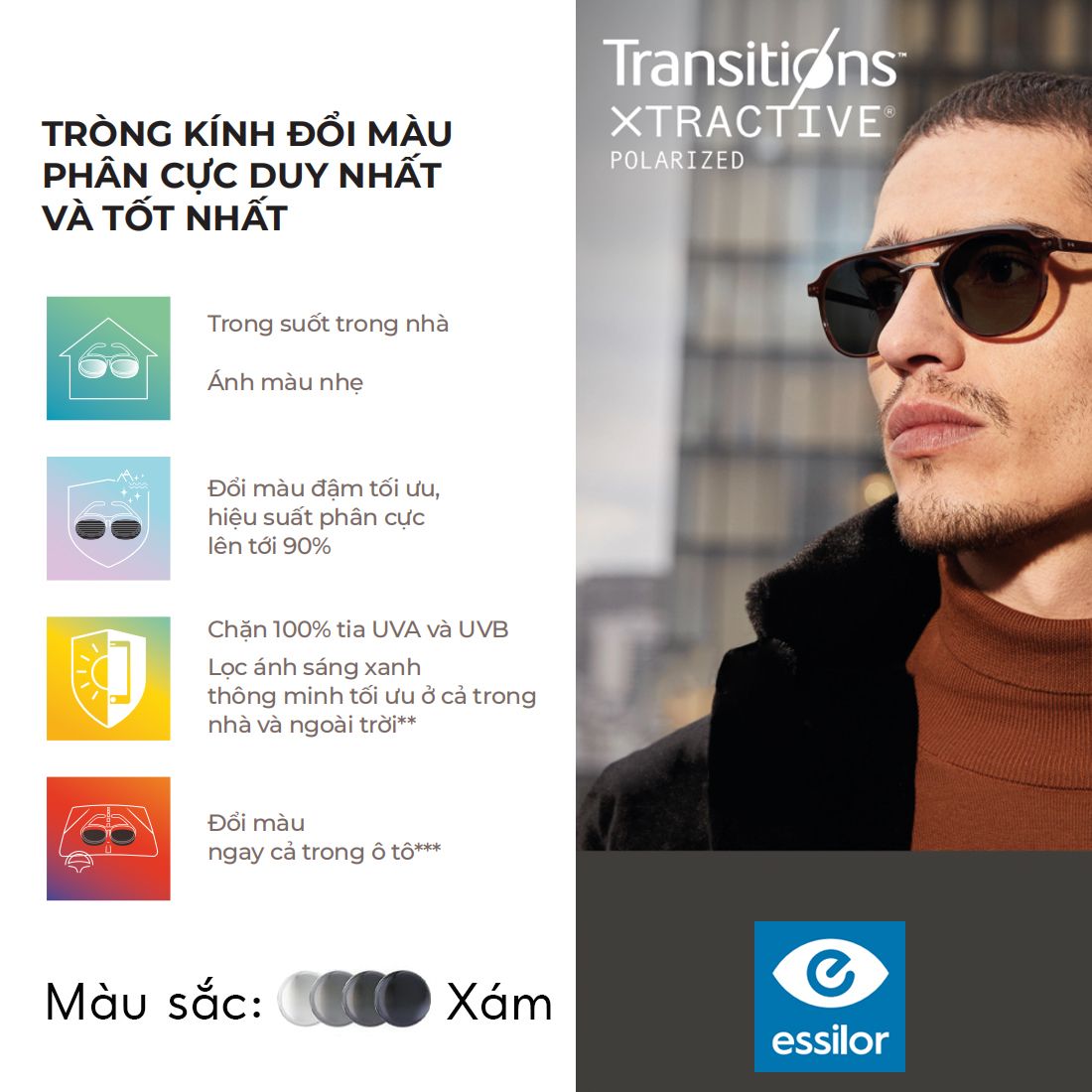  Tròng kính Essilor Eyezen Max Xtractive Polarized đổi màu Xám khói váng phủ Crizal Rock 