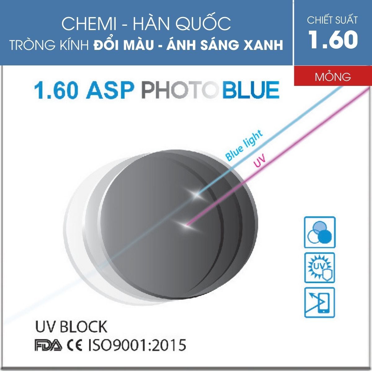 Tròng Kính Chemi ASP PhotoBlue - Đổi Màu Kiểm Soát Ánh Sáng Xanh | Liên Sơn
