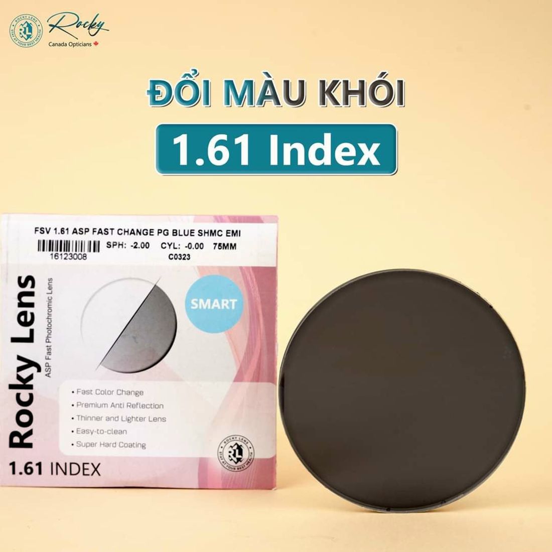  Tròng Kính Rocky 1.61 Asp Mỏng Đổi Màu Siêu Nhanh Và Lọc Ánh Sáng Xanh 