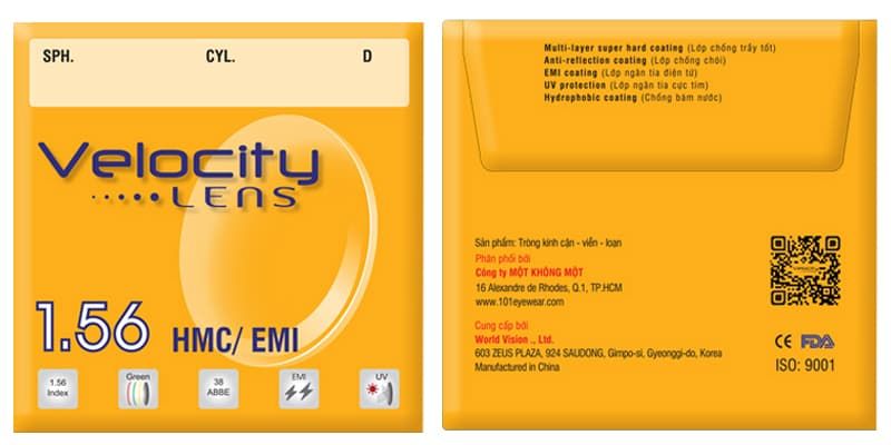 Tròng kính chính hãng Velocity Lens 1.56 HMC UV EMI