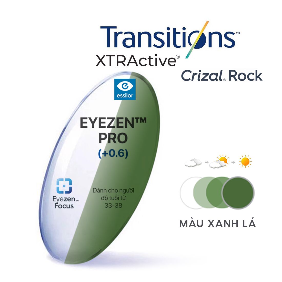  Tròng kính Essilor Eyezen Pro Xtractive đổi màu chiết suất 1.60 váng phủ Crizal Rock 