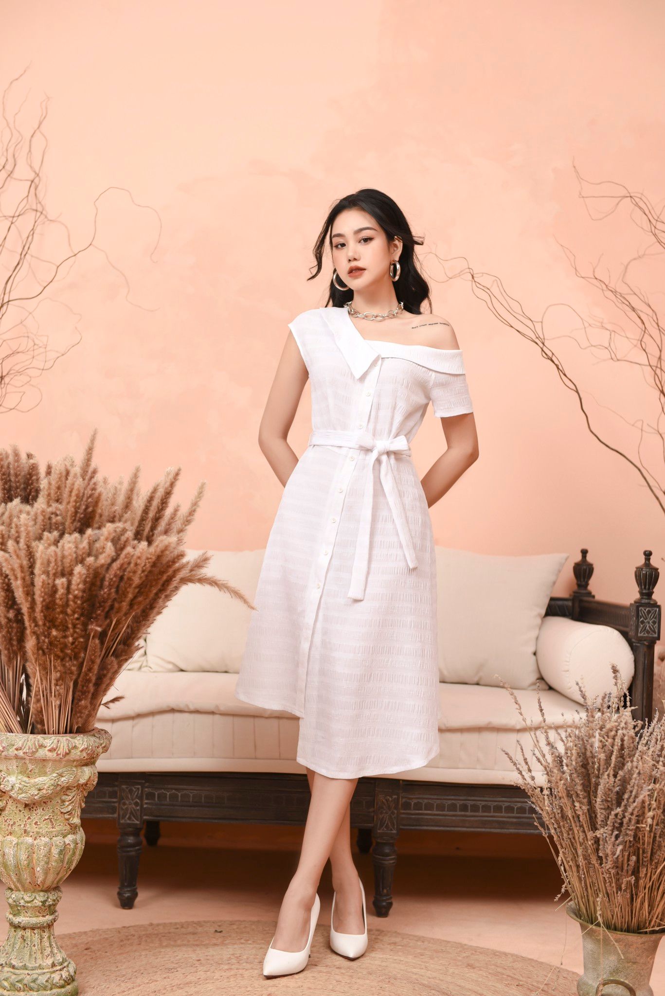 Đầm sơ mi vạt lệch nơ eo 21056102