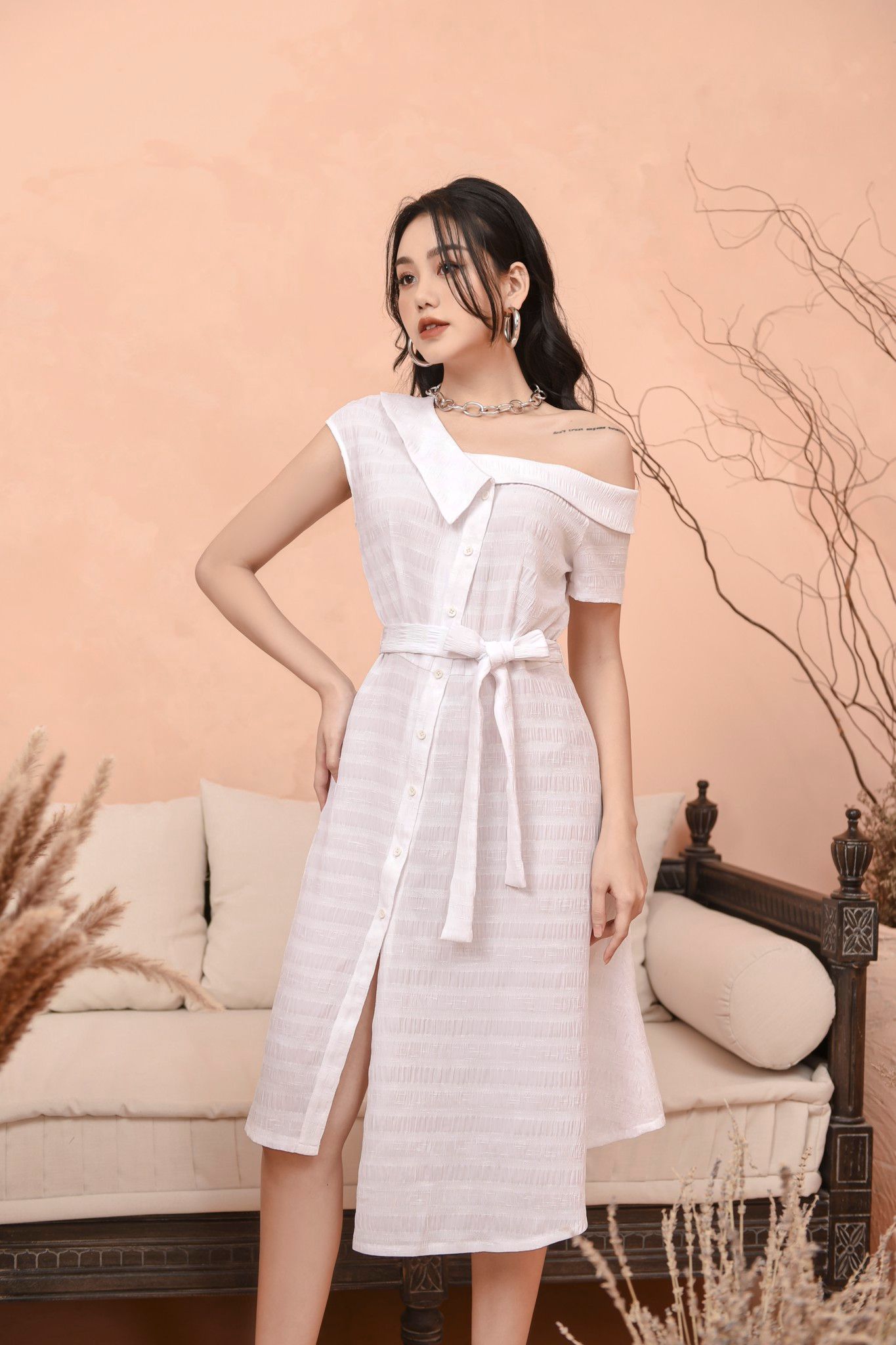 Đầm sơ mi vạt lệch nơ eo 21056102