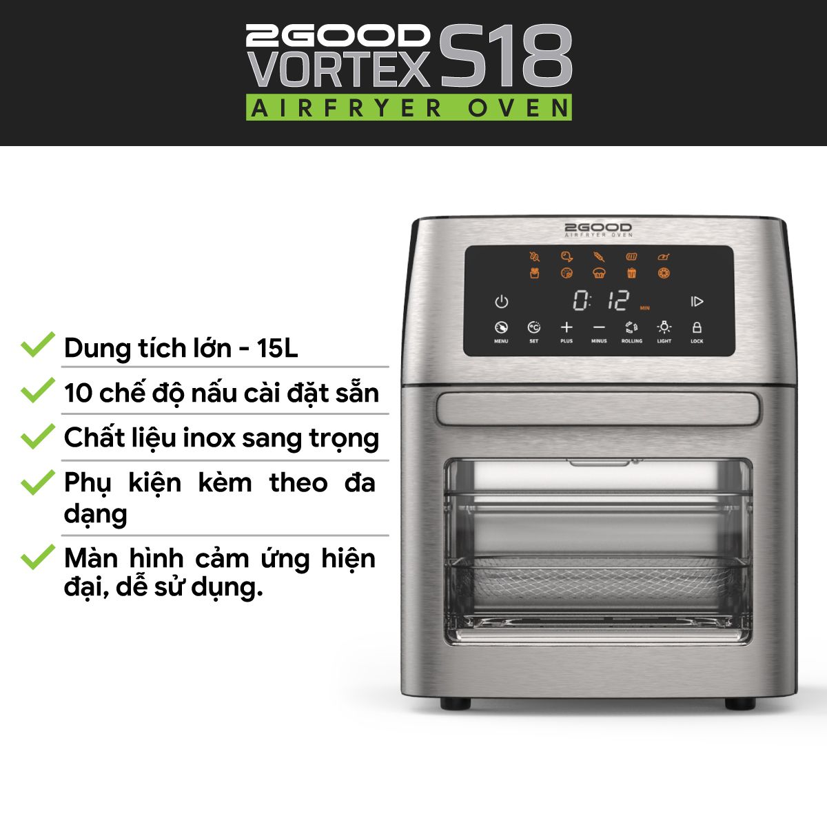 noi chien khong dau 2good vortex s 18 air fryer oven 15l