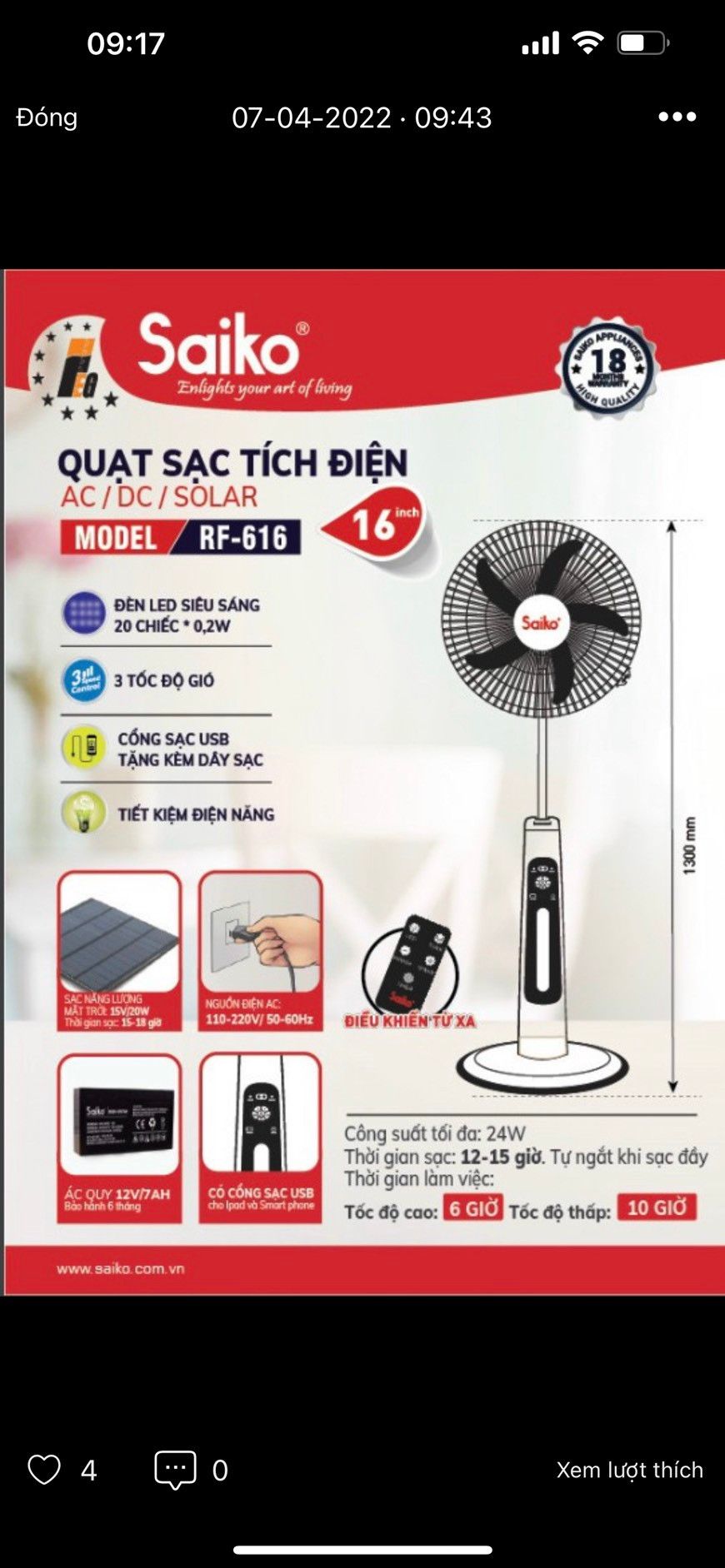 quat sac dien saiko rf 616