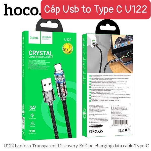 Cáp Sạc USB.C - Hoco U122 - dây dù 1m - Led