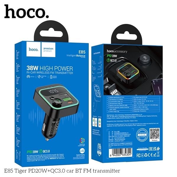 Cóc Sạc Xe Ô Tô Hoco E85 - Phát FM Bluetooth - PD20W/ QC3.0