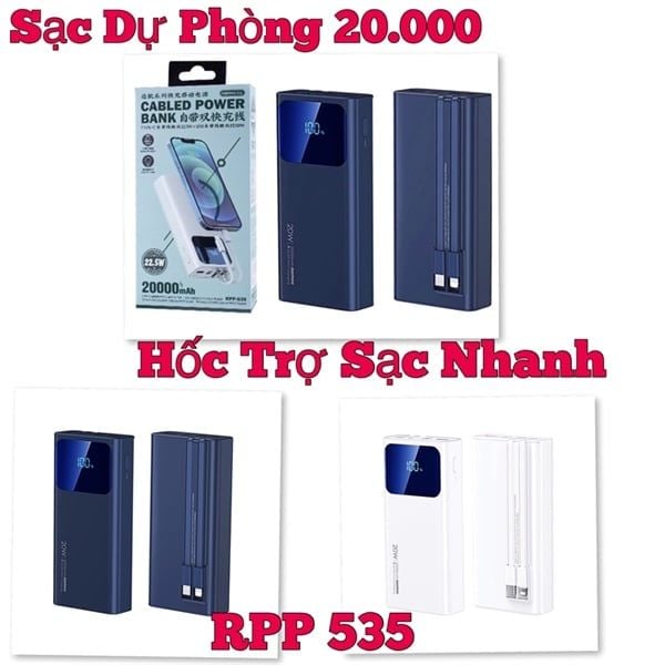Pin Dự Phòng Remax RPP 535 - 20000mAh - Sạc Nhanh 22.5w - 2 Dây