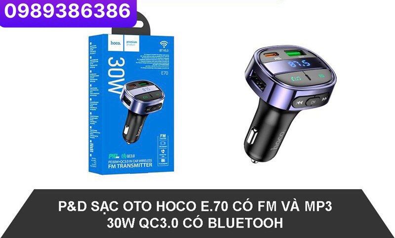 Cóc Sạc Xe ô tô Hoco E70 30w + 3.0+ Bluetooth FM 5.0