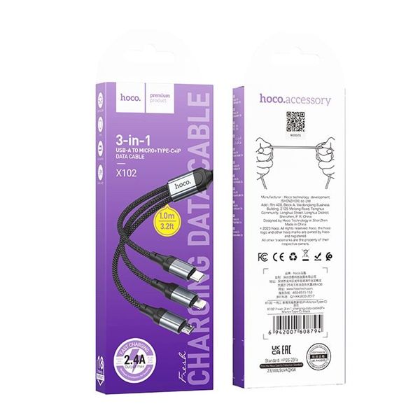 Cáp Sạc 3in1 - Hoco X102 - iphone - micro - C/ Sạc Nhanh (sl10-1/20-2)