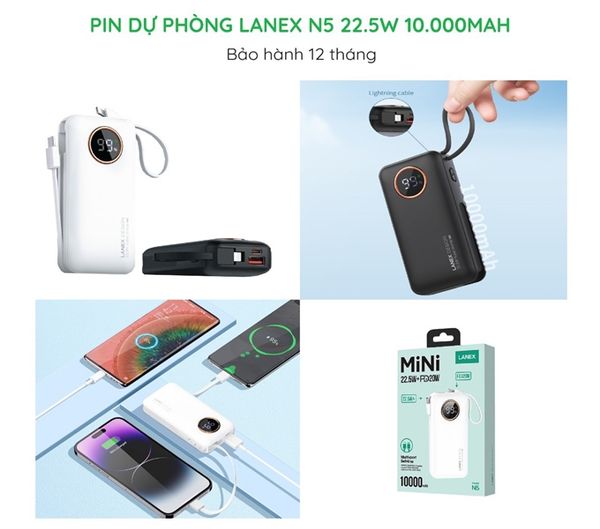Pin Dự Phòng Lanex N5 -10000mAh - Sạc Nhanh 22.5W -Led