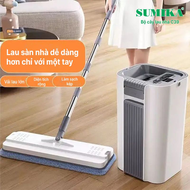 Bộ cây lau nhà SUMIKA C39, thùng lau nhà 2 ngăn tự vắt