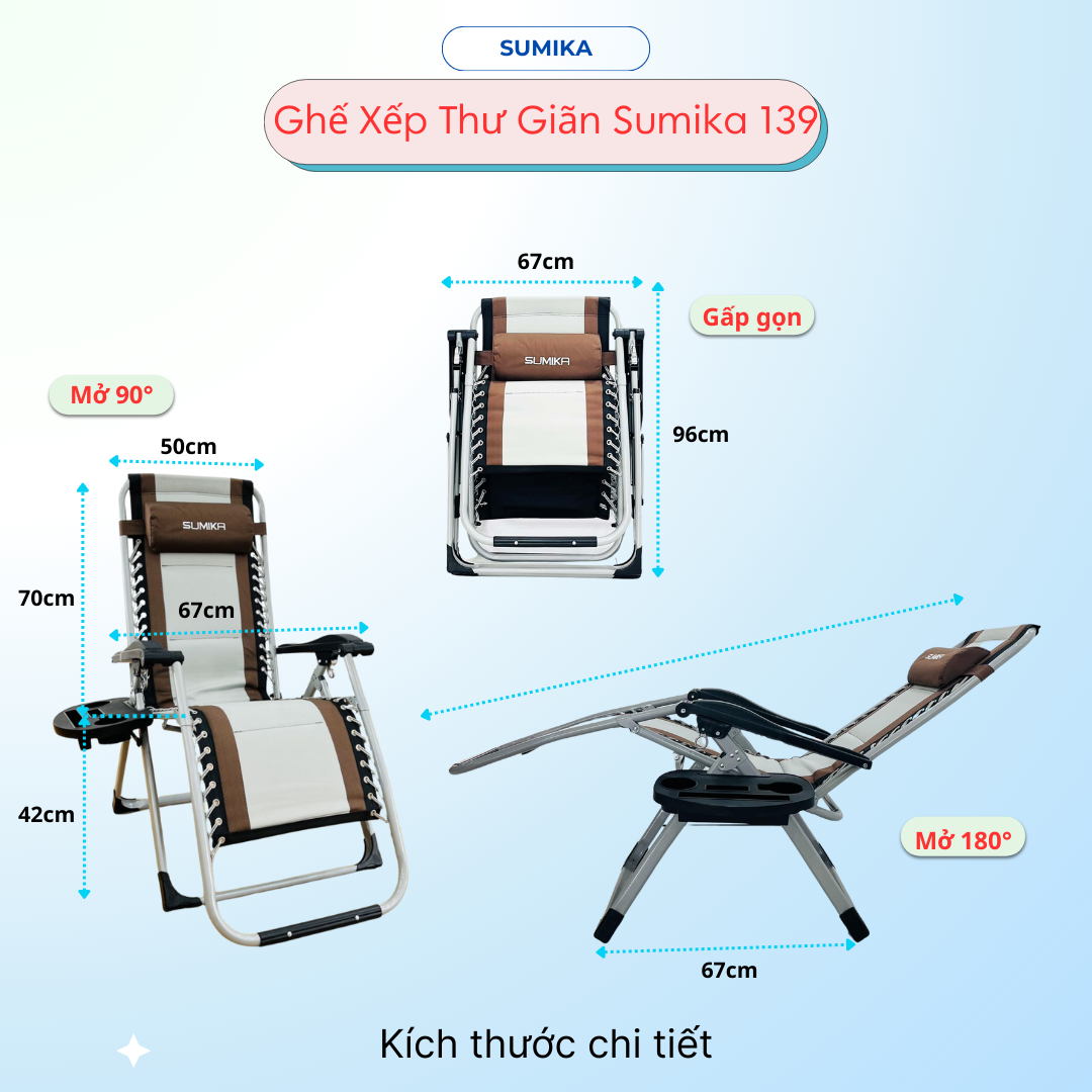 Ghế xếp thư giãn SUMIKA 139, khóa kim loại, tải trọng 300kg, lưới bọc nệm