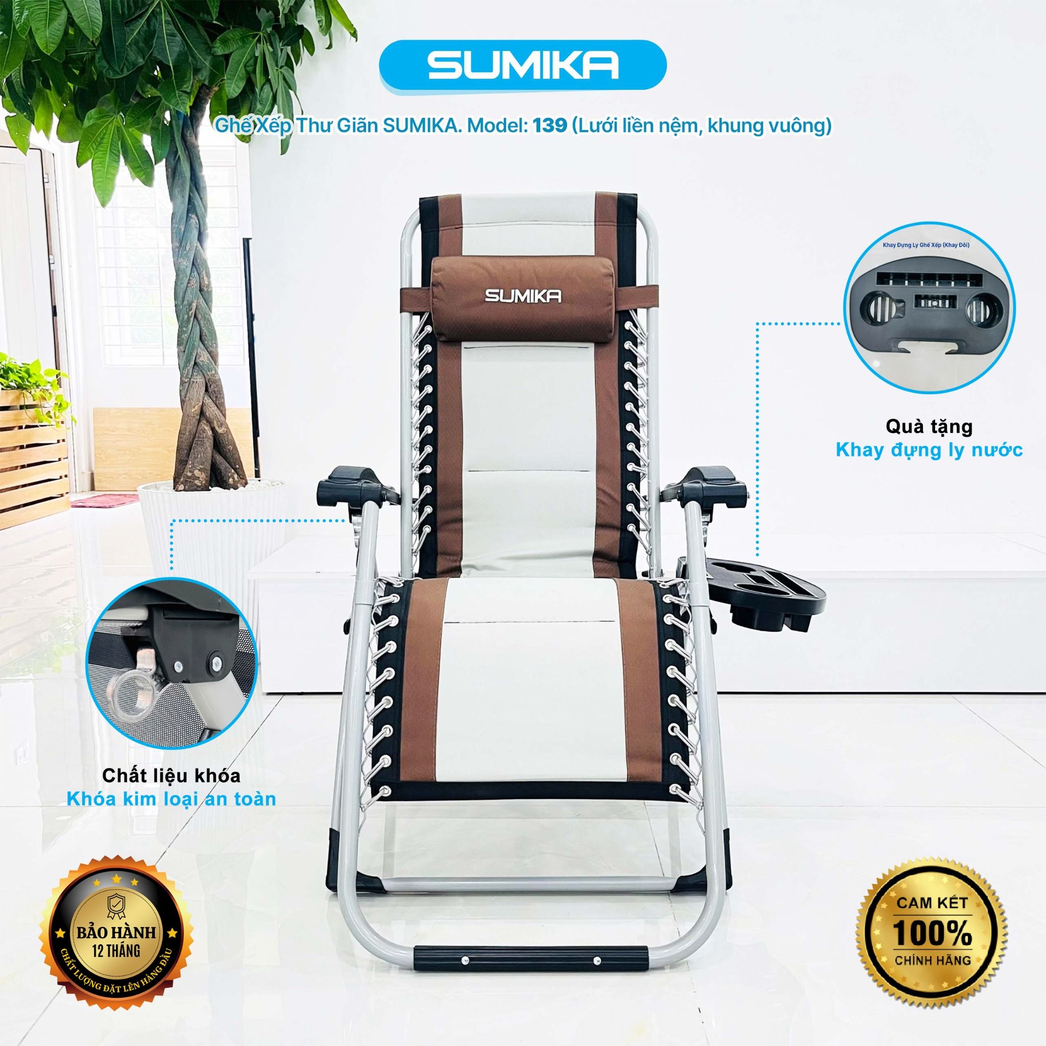 Ghế xếp thư giãn SUMIKA 139, khóa kim loại, tải trọng 300kg, lưới bọc nệm