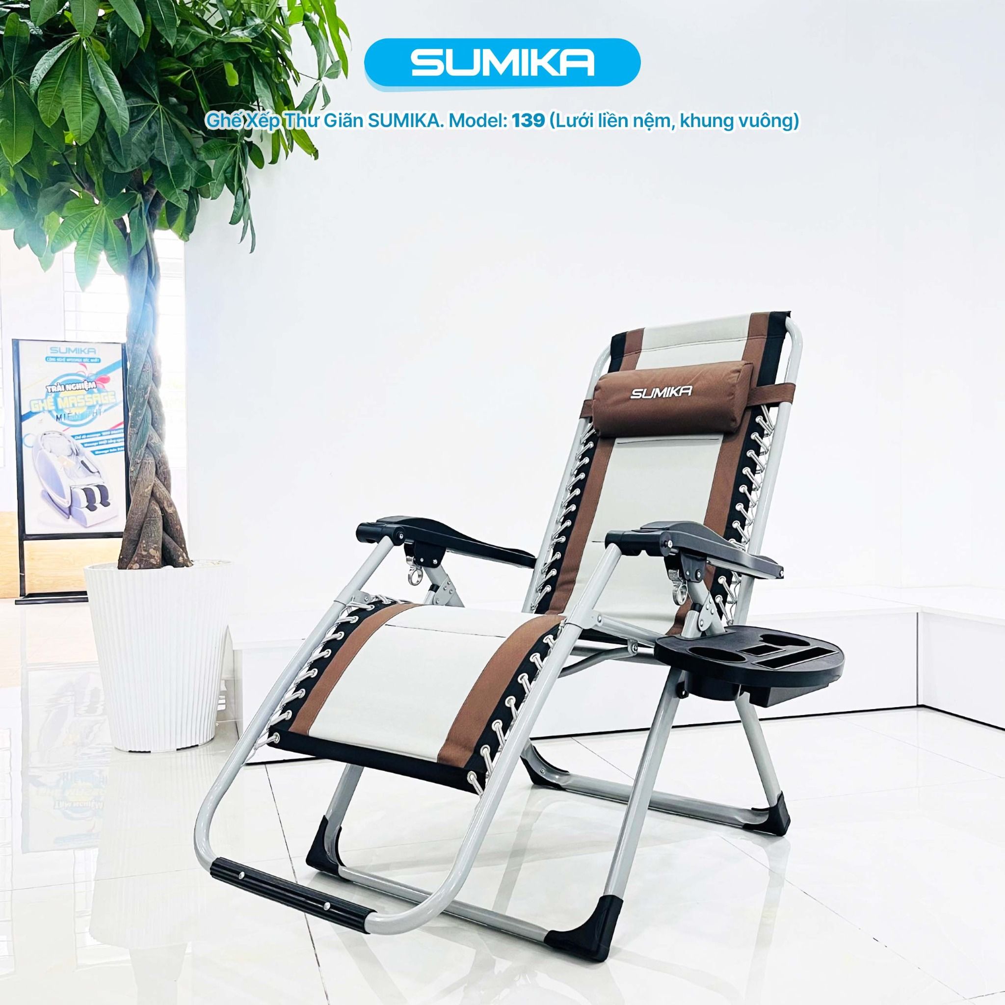 Ghế xếp thư giãn SUMIKA 139, khóa kim loại, tải trọng 300kg, lưới bọc nệm