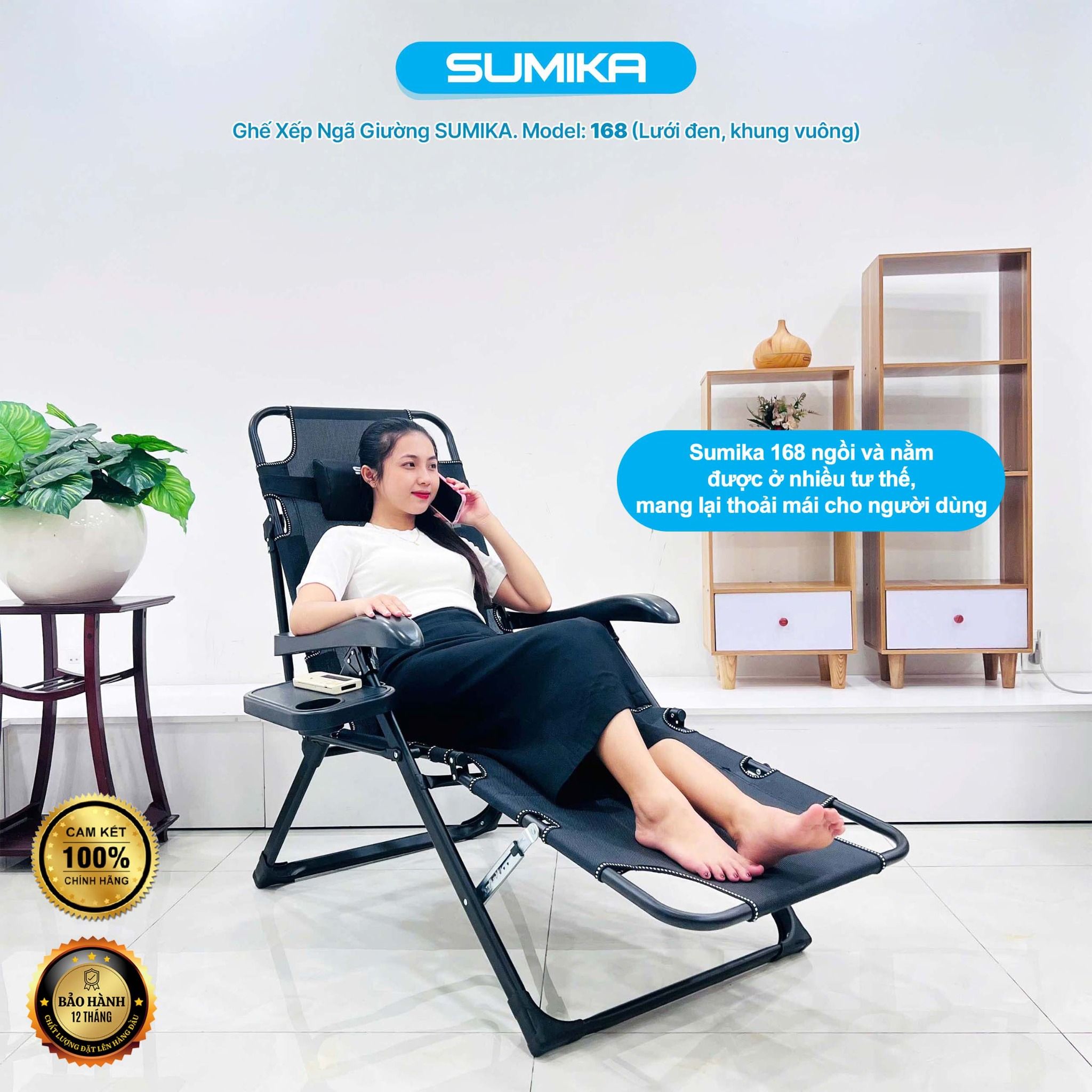 Ghế xếp ngã thành giường Sumika 168, tải trọng 300kg