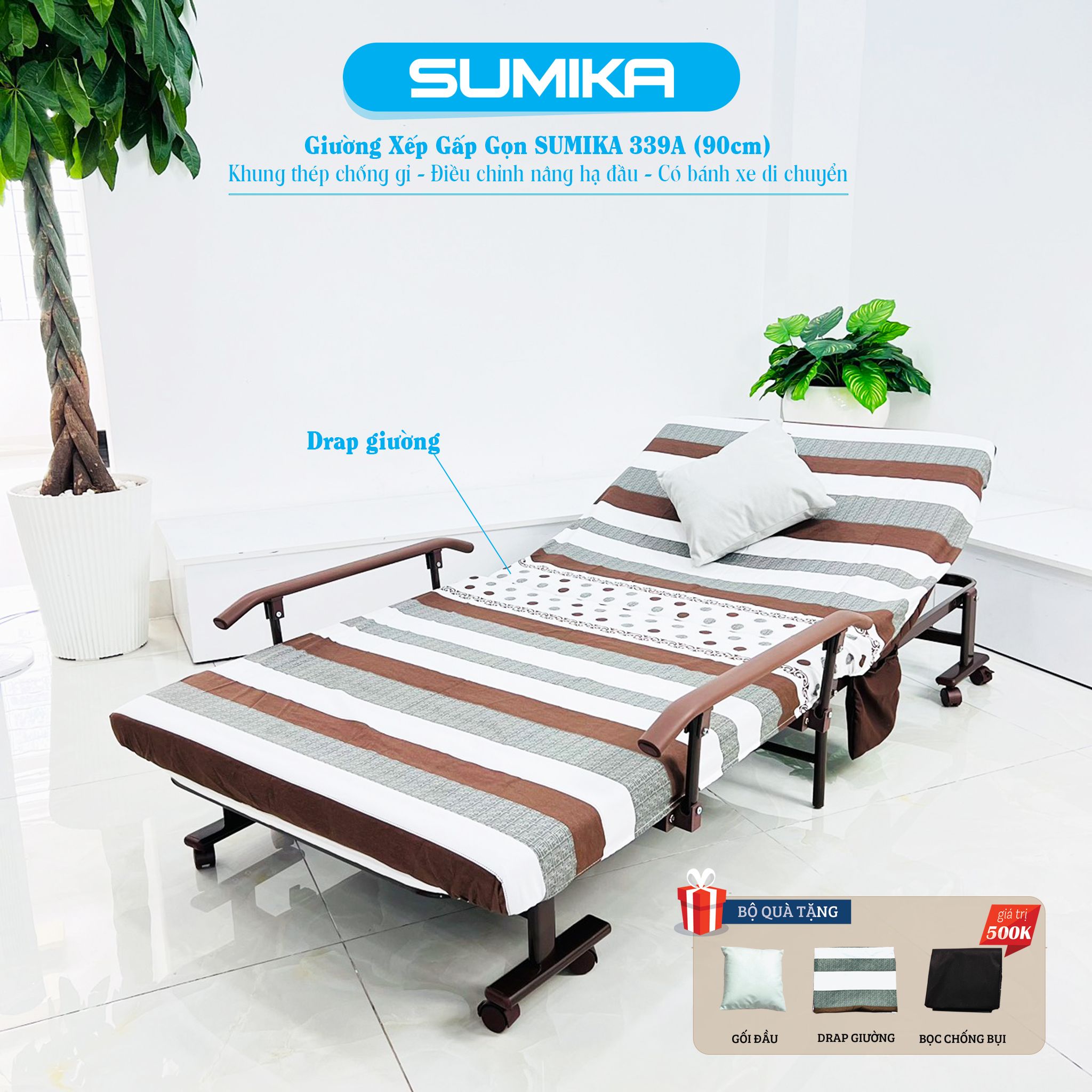 Giường nệm xếp gọn SUMIKA 339A, chiều rộng 90cm