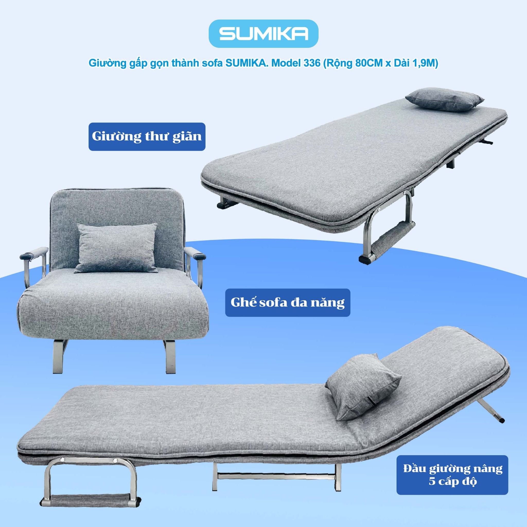Ghế Sofa giường thông minh gấp gọn SUMIKA 336, rộng 80cm